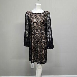 Emma & Michele Mini Dress Large Black Lace Whimsigoth Bell Sleeve Retro Romantic